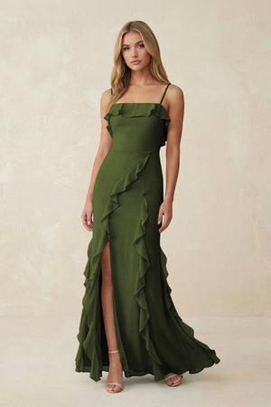 Ruffled Cami Strap Chiffon Sheath Bridesmaid Dress in Olive - SHE IS ME Bridesmaid Dresses