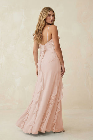 Ruffled Cami Strap Chiffon Sheath Bridesmaid Dress in Pale Blush - SHE IS ME Bridesmaid Dresses