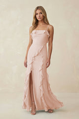 Ruffled Cami Strap Chiffon Sheath Bridesmaid Dress in Pale Blush - KISS BRIDAL Bridesmaid Dresses