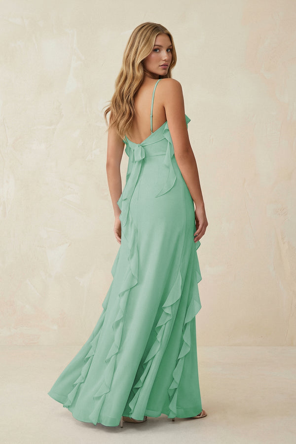 Ruffled Cami Strap Chiffon Sheath Bridesmaid Dress in Pale Pistachio - SHE IS ME Bridesmaid Dresses