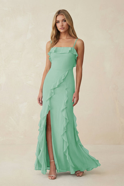 Ruffled Cami Strap Chiffon Sheath Bridesmaid Dress in Pale Pistachio - SHE IS ME Bridesmaid Dresses