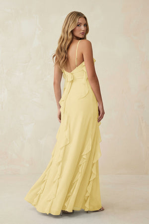 Ruffled Cami Strap Chiffon Sheath Bridesmaid Dress in Pastel Yellow - SHE IS ME Bridesmaid Dresses
