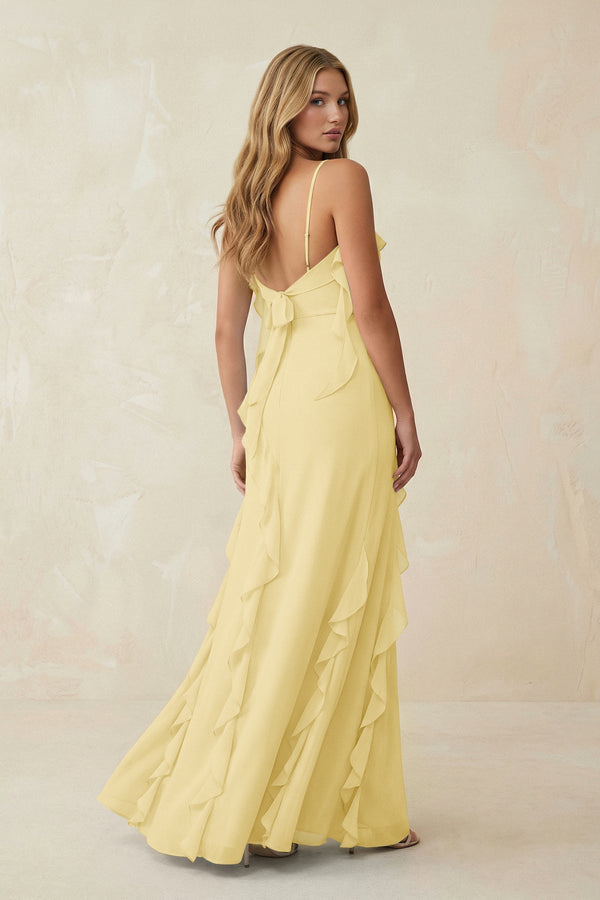 Ruffled Cami Strap Chiffon Sheath Bridesmaid Dress in Pastel Yellow - SHE IS ME Bridesmaid Dresses