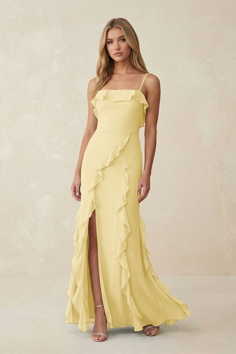 Ruffled Cami Strap Chiffon Sheath Bridesmaid Dress in Pastel Yellow - KISS BRIDAL Bridesmaid Dresses