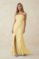 Ruffled Cami Strap Chiffon Sheath Bridesmaid Dress in Pastel Yellow - KISS BRIDAL Bridesmaid Dresses