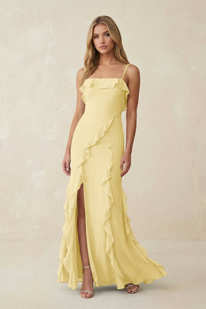 Ruffled Cami Strap Chiffon Sheath Bridesmaid Dress in Pastel Yellow - SHE IS ME Bridesmaid Dresses