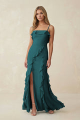 Ruffled Cami Strap Chiffon Sheath Bridesmaid Dress in Pine - KISS BRIDAL Bridesmaid Dresses