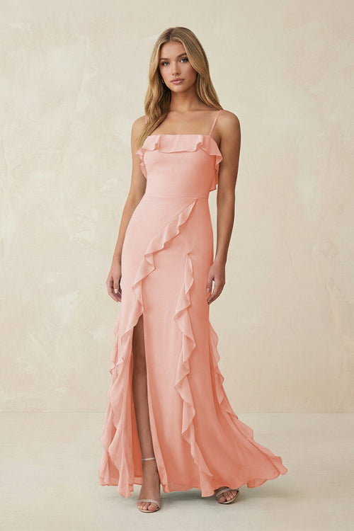 Ruffled Cami Strap Chiffon Sheath Bridesmaid Dress in Rose Petal - SHE IS ME Bridesmaid Dresses