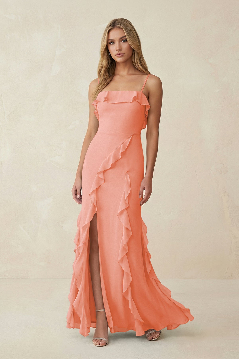 Ruffled Cami Strap Chiffon Sheath Bridesmaid Dress in Rosette - KISS BRIDAL Bridesmaid Dresses