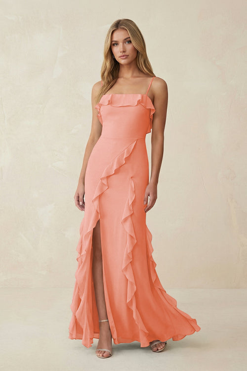 Ruffled Cami Strap Chiffon Sheath Bridesmaid Dress in Rosette - SHE IS ME Bridesmaid Dresses