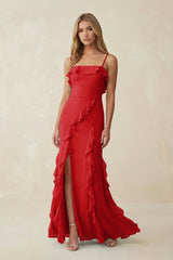 Ruffled Cami Strap Chiffon Sheath Bridesmaid Dress in Ruby Red - KISS BRIDAL Bridesmaid Dresses