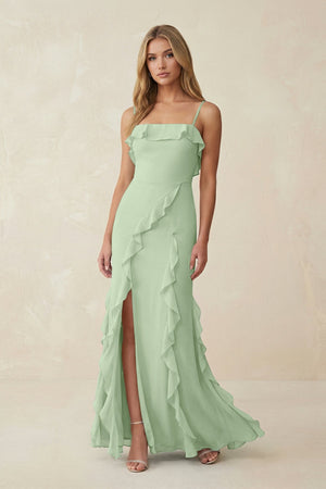 Ruffled Cami Strap Chiffon Sheath Bridesmaid Dress in Sage - SHE IS ME Bridesmaid Dresses