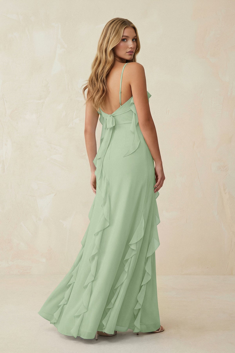 Ruffled Cami Strap Chiffon Sheath Bridesmaid Dress in Sage - KISS BRIDAL Bridesmaid Dresses