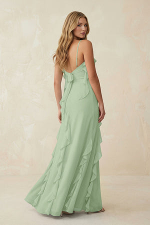 Ruffled Cami Strap Chiffon Sheath Bridesmaid Dress in Sage - SHE IS ME Bridesmaid Dresses