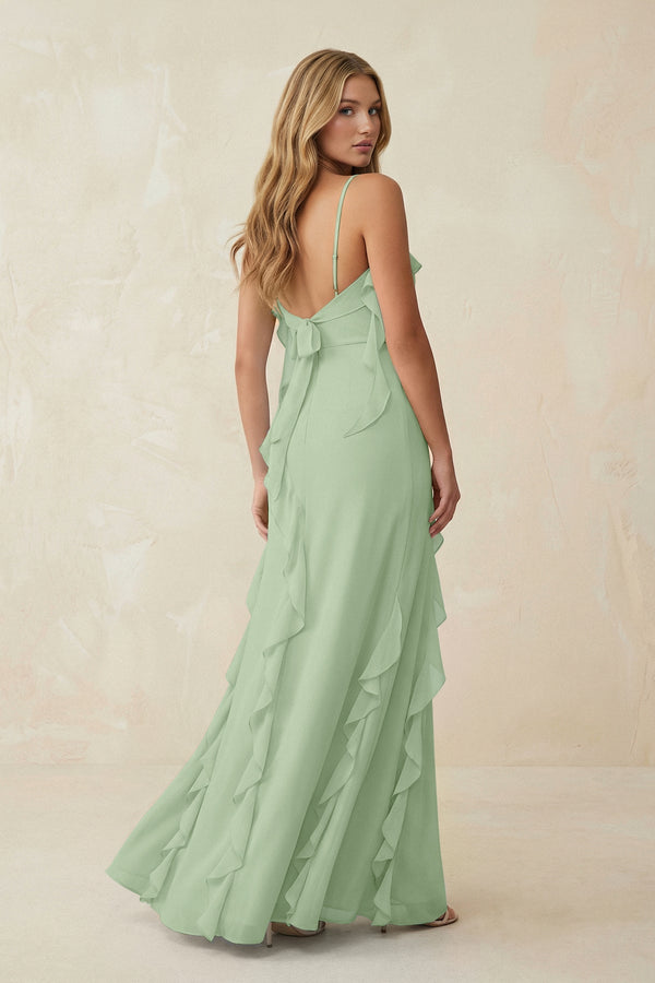 Ruffled Cami Strap Chiffon Sheath Bridesmaid Dress in Sage - SHE IS ME Bridesmaid Dresses