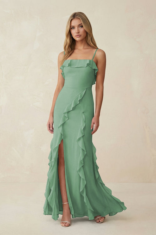 Ruffled Cami Strap Chiffon Sheath Bridesmaid Dress in Sea Glass - SHE IS ME Bridesmaid Dresses