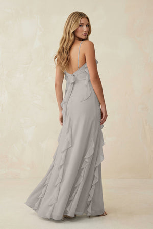 Ruffled Cami Strap Chiffon Sheath Bridesmaid Dress in Silver - SHE IS ME Bridesmaid Dresses