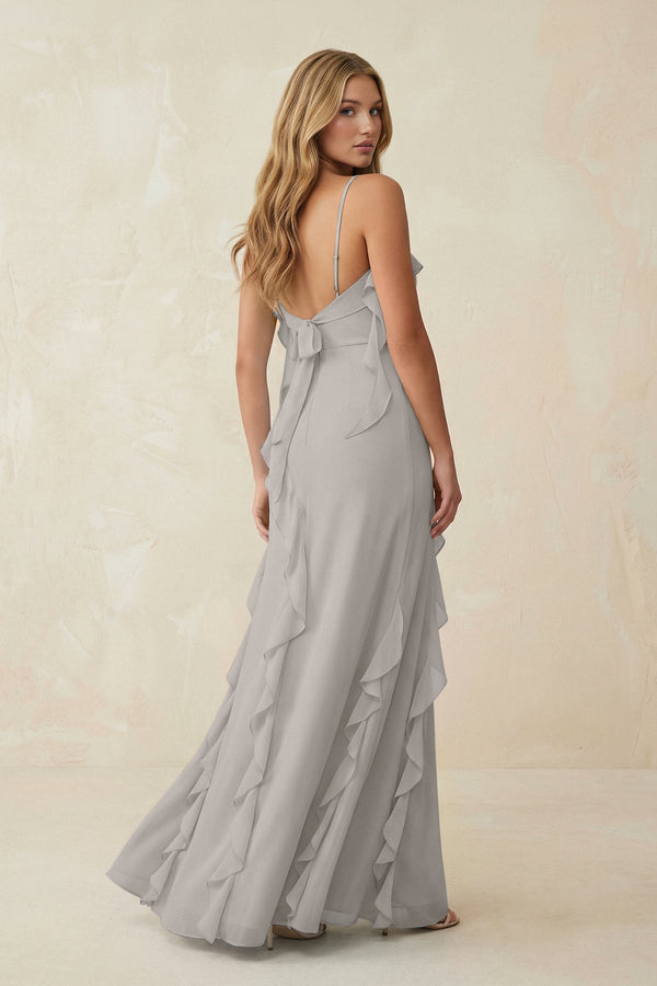 Ruffled Cami Strap Chiffon Sheath Bridesmaid Dress in Silver - SHE IS ME Bridesmaid Dresses