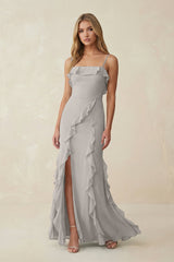 Ruffled Cami Strap Chiffon Sheath Bridesmaid Dress in Silver - KISS BRIDAL Bridesmaid Dresses