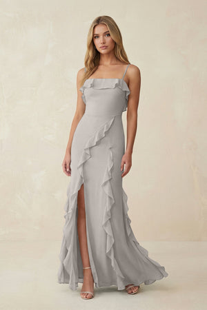 Ruffled Cami Strap Chiffon Sheath Bridesmaid Dress in Silver - SHE IS ME Bridesmaid Dresses