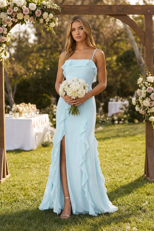 Ruffled Cami Strap Chiffon Sheath Bridesmaid Dress in Sky Blue - KISS BRIDAL Bridesmaid Dresses