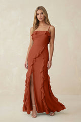 Ruffled Cami Strap Chiffon Sheath Bridesmaid Dress in Spice - KISS BRIDAL Bridesmaid Dresses