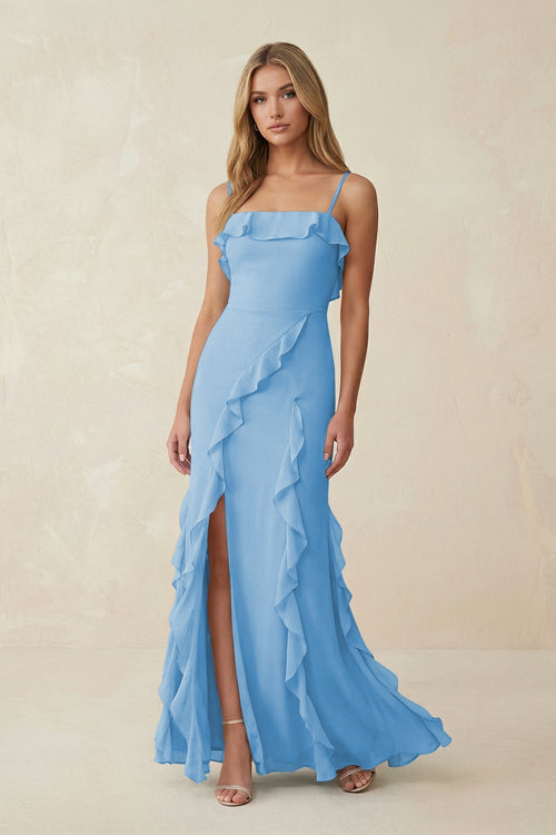Ruffled Cami Strap Chiffon Sheath Bridesmaid Dress in Steel Blue - SHE IS ME Bridesmaid Dresses
