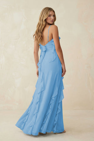 Ruffled Cami Strap Chiffon Sheath Bridesmaid Dress in Steel Blue - SHE IS ME Bridesmaid Dresses