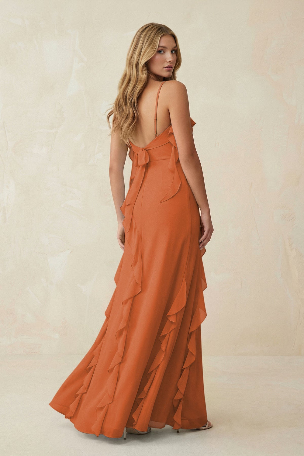 Ruffled Cami Strap Chiffon Sheath Bridesmaid Dress in Terracotta - KISS BRIDAL Bridesmaid Dresses