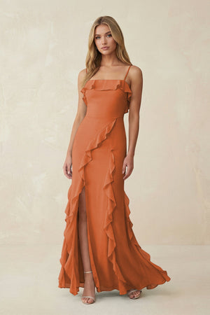 Ruffled Cami Strap Chiffon Sheath Bridesmaid Dress in Terracotta - SHE IS ME Bridesmaid Dresses