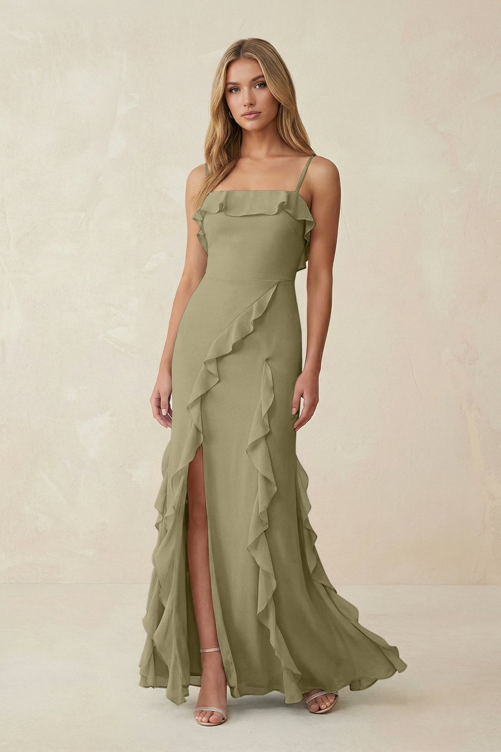 Ruffled Cami Strap Chiffon Sheath Bridesmaid Dress in Thyme - KISS BRIDAL Bridesmaid Dresses