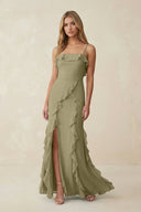 Ruffled Cami Strap Chiffon Sheath Bridesmaid Dress in Thyme - SHE IS ME Bridesmaid Dresses