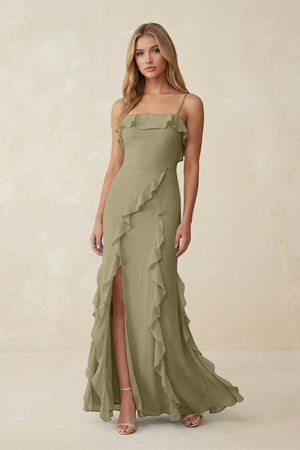 Ruffled Cami Strap Chiffon Sheath Bridesmaid Dress in Thyme - SHE IS ME Bridesmaid Dresses