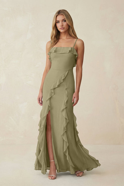 Ruffled Cami Strap Chiffon Sheath Bridesmaid Dress in Thyme - SHE IS ME Bridesmaid Dresses