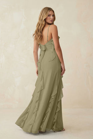 Ruffled Cami Strap Chiffon Sheath Bridesmaid Dress in Thyme - SHE IS ME Bridesmaid Dresses