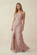 Ruffled Cami Strap Chiffon Sheath Bridesmaid Dress in Toffee - SHE IS ME Bridesmaid Dresses