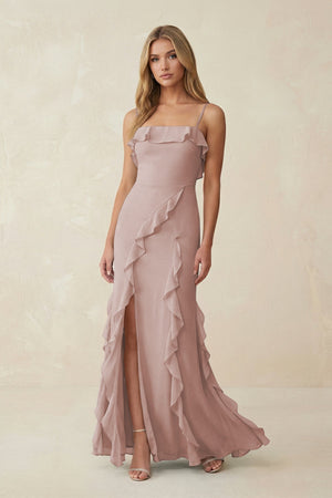 Ruffled Cami Strap Chiffon Sheath Bridesmaid Dress in Toffee - SHE IS ME Bridesmaid Dresses