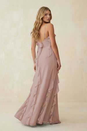 Ruffled Cami Strap Chiffon Sheath Bridesmaid Dress in Toffee - SHE IS ME Bridesmaid Dresses