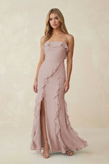 Ruffled Cami Strap Chiffon Sheath Bridesmaid Dress in Toffee | KISSBRIDAL