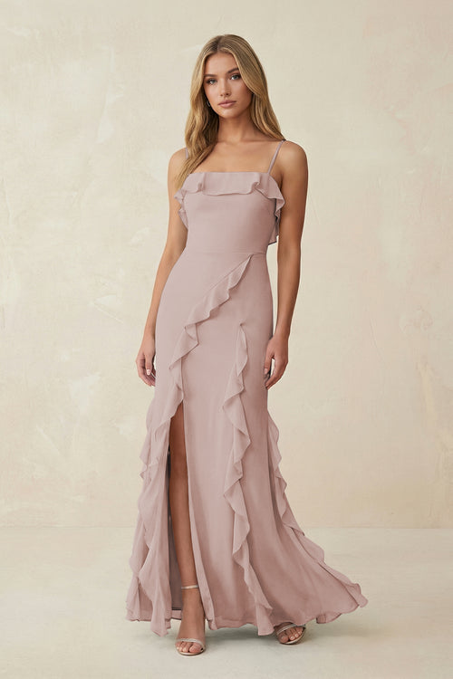 Ruffled Cami Strap Chiffon Sheath Bridesmaid Dress in Toffee | KISSBRIDAL