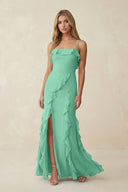 Ruffled Cami Strap Chiffon Sheath Bridesmaid Dress in Turquoise - SHE IS ME Bridesmaid Dresses