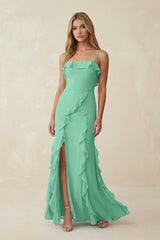 Ruffled Cami Strap Chiffon Sheath Bridesmaid Dress in Turquoise - KISS BRIDAL Bridesmaid Dresses