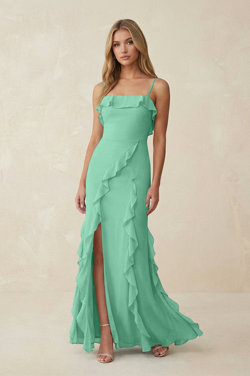 Ruffled Cami Strap Chiffon Sheath Bridesmaid Dress in Turquoise - SHE IS ME Bridesmaid Dresses