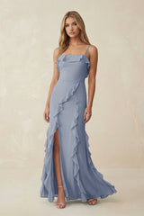 Ruffled Cami Strap Chiffon Sheath Bridesmaid Dress in Twilight - KISS BRIDAL Bridesmaid Dresses