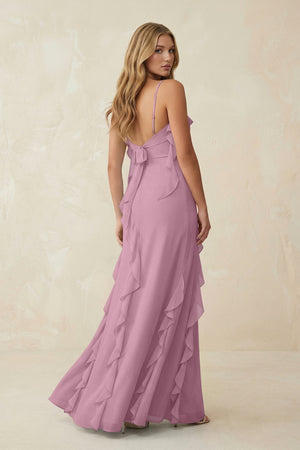 Ruffled Cami Strap Chiffon Sheath Bridesmaid Dress in Vintage Mauve - SHE IS ME Bridesmaid Dresses