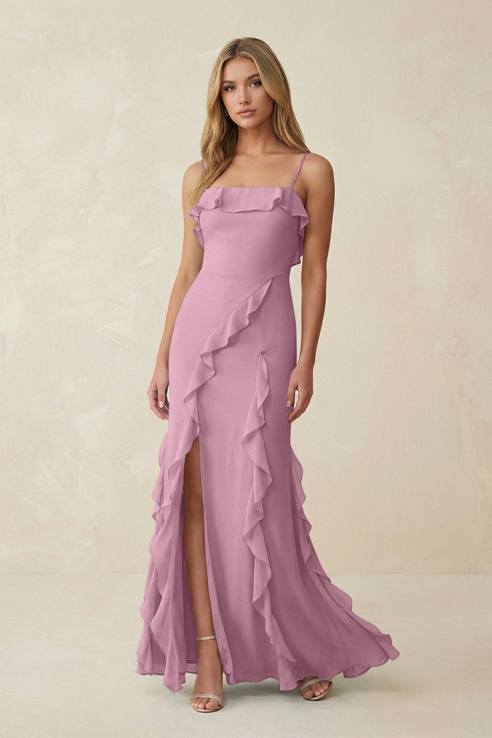 Ruffled Cami Strap Chiffon Sheath Bridesmaid Dress in Vintage Mauve - KISS BRIDAL Bridesmaid Dresses
