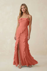 Ruffled Cami Strap Chiffon Sheath Bridesmaid Dress in Wild Rose - KISS BRIDAL Bridesmaid Dresses