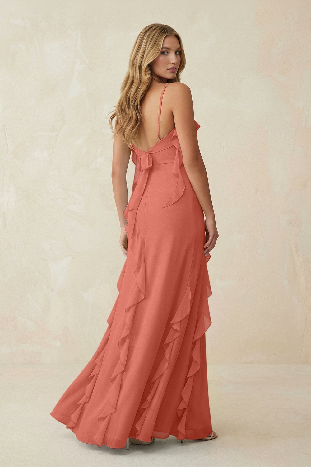 Ruffled Cami Strap Chiffon Sheath Bridesmaid Dress in Wild Rose - KISS BRIDAL Bridesmaid Dresses