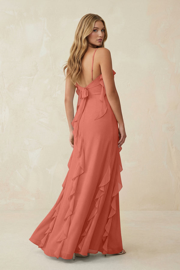 Ruffled Cami Strap Chiffon Sheath Bridesmaid Dress in Wild Rose - SHE IS ME Bridesmaid Dresses