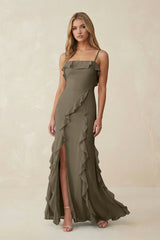 Ruffled Cami Strap Chiffon Sheath Bridesmaid Dress in Willow Green - KISS BRIDAL Bridesmaid Dresses